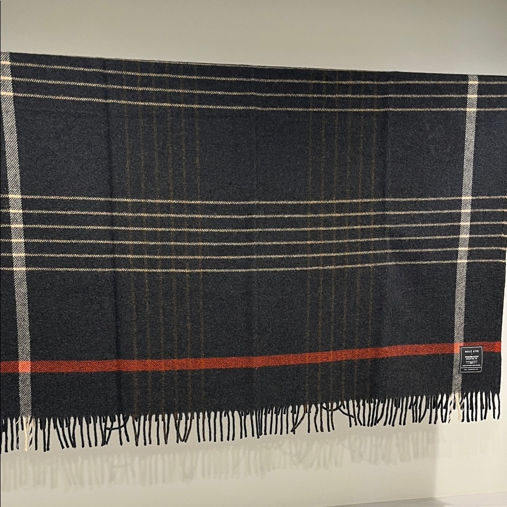West Elm + Fairbault Wollen Mill Dark Blue Plaid Wool Blanket